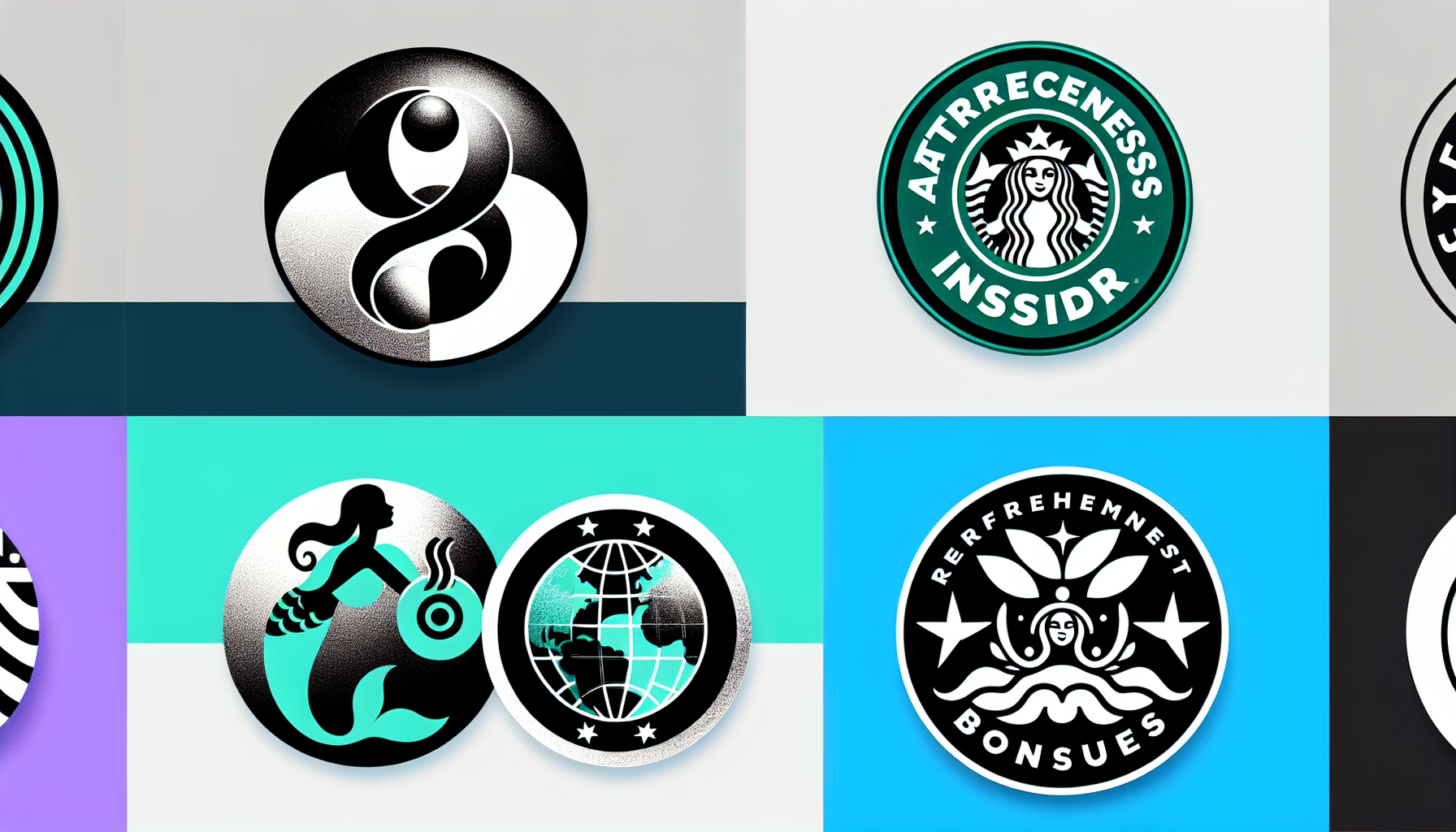 A grid of eight circular logos with various designs, including a yin-yang symbol, a mermaid, a globe, and text. The colors range from black and white to blue and teal.