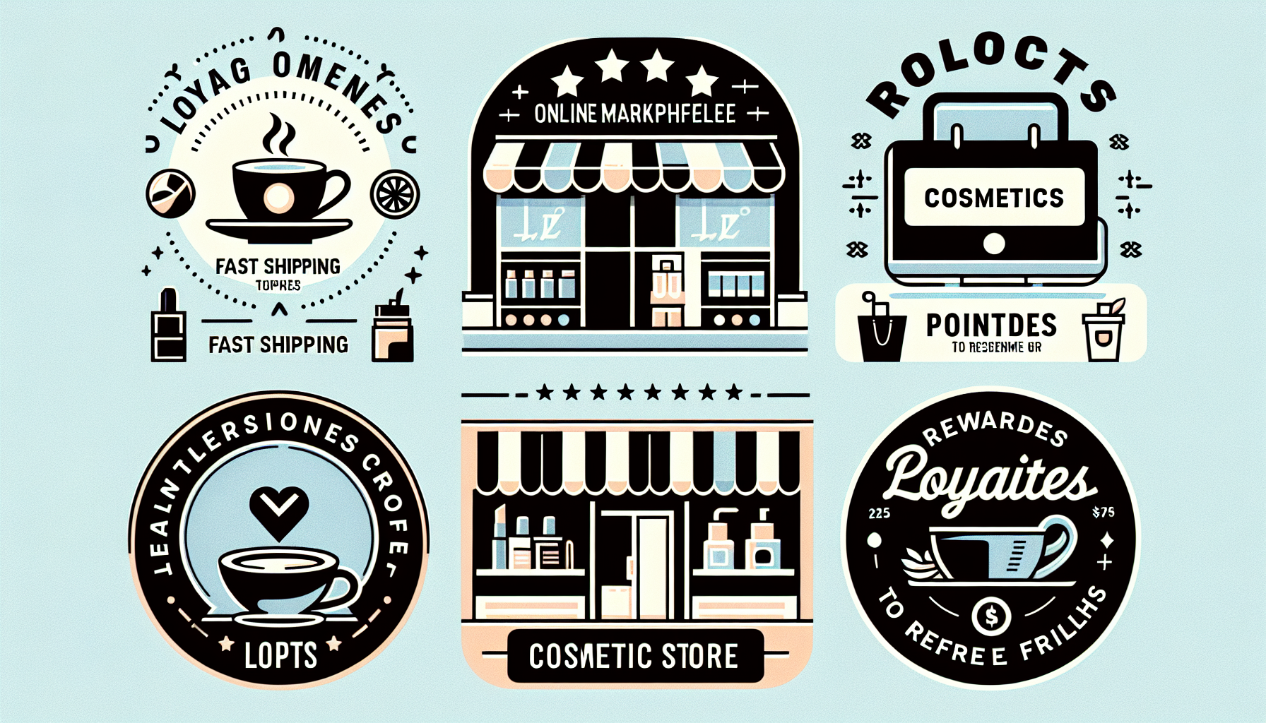 A vector graphic featuring six labeled icons, including two cups of coffee, a store front, a cosmetics store, a briefcase, and a star-topped circular badge highlighting the benefits of a loyalty program with various text and illustrations.