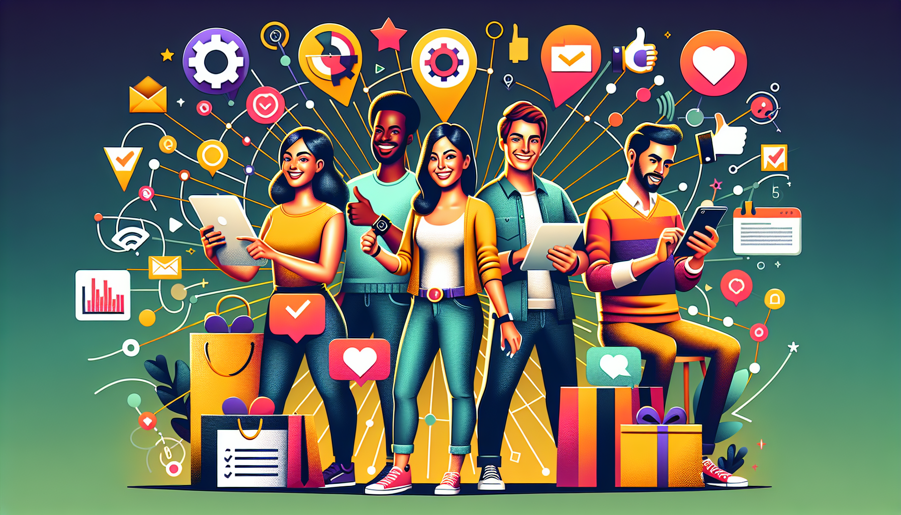 A diverse group of five people stand together using various digital devices, with icons around them representing social media, communication, and shopping. Gifts and charts are visible in the background, symbolizing a comprehensive rewards system boosted by cutting-edge customer engagement tools.