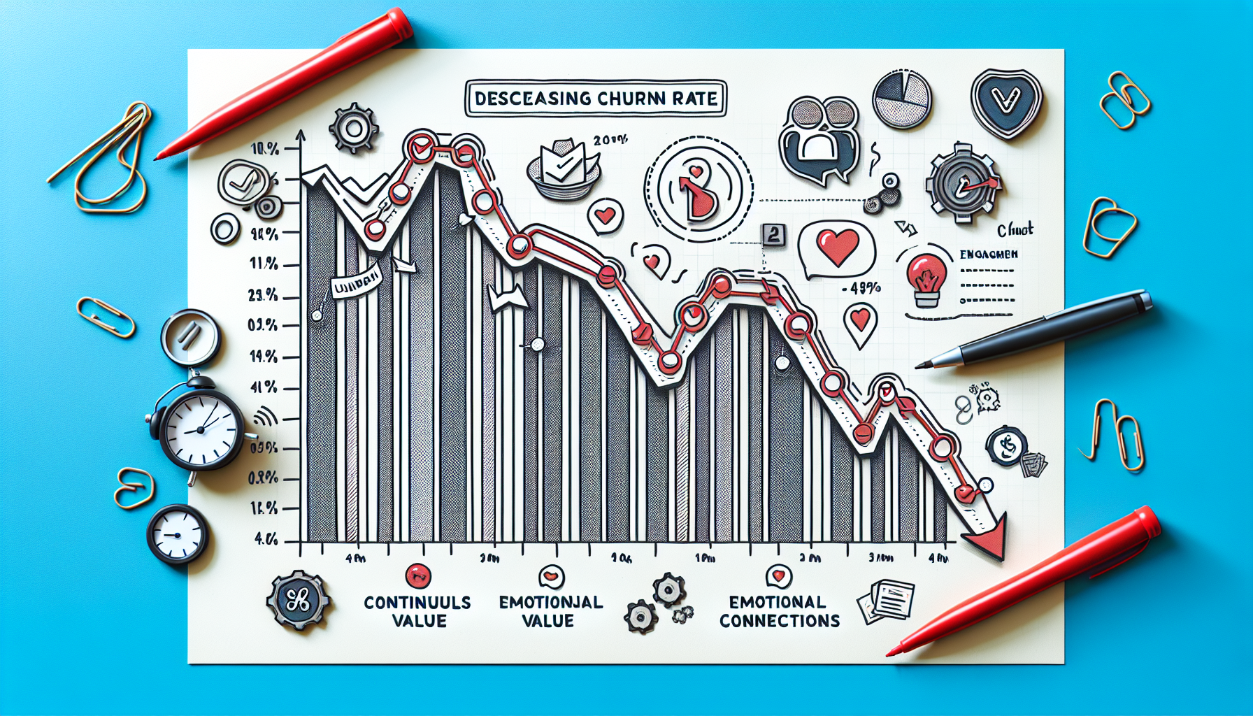 Graph depicting decreasing churn rate with icons representing continuous value, emotional value, and emotional connections. Various stationery items, including pens and paperclips, are scattered around the chart, highlighting the importance of customer engagement for increased CLV.