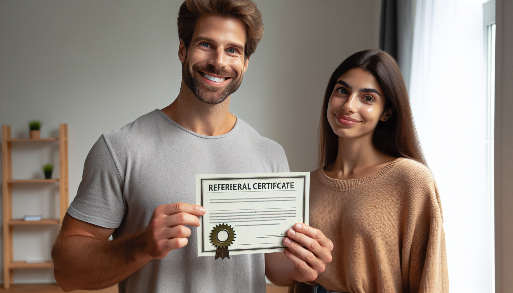 Two people standing indoors, smiling and proudly holding a referral certificate, celebrating their participation in the Photography Customer Rewards program.