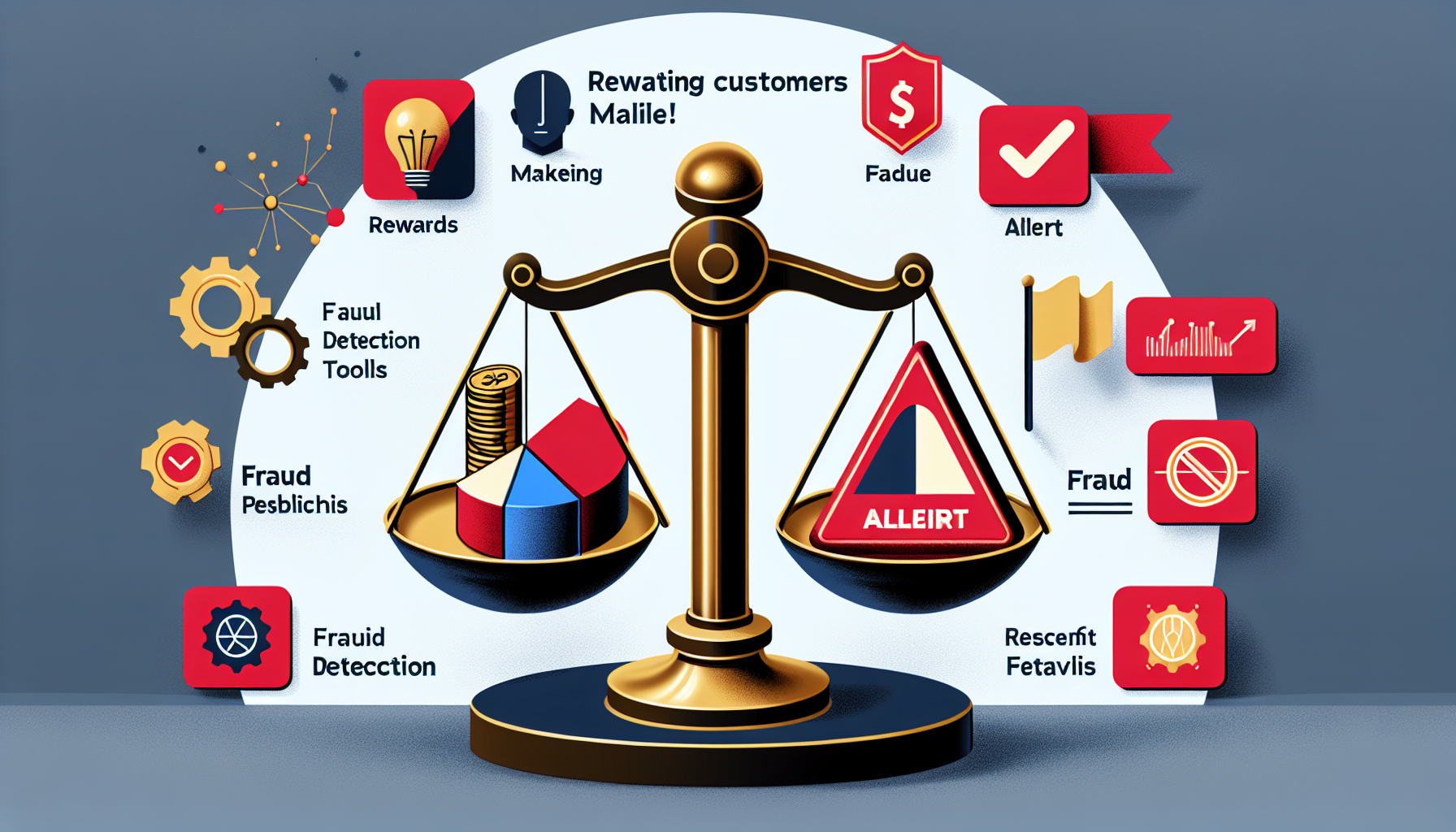 Illustration showing scales with symbols related to fraud detection and prevention, including alert signs, graphs, and rewards, highlighting concepts such as fraud detection tools and referral incentives for customer acquisition via referrals.