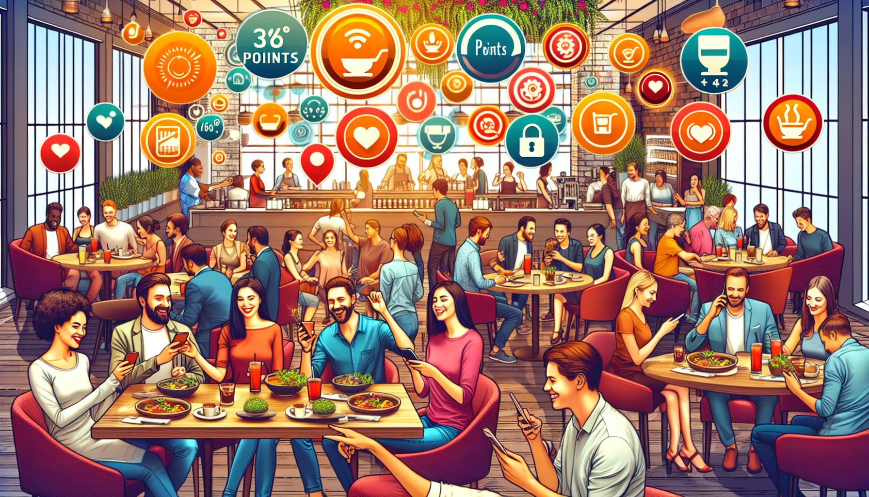 A bustling restaurant with patrons engaging with their smartphones while dining, offering a glimpse into its effective customer retention in restaurants. Digital icons, such as thumbs up and points, are overlaid above them, indicating various social media interactions and the success of its restaurant loyalty programs.