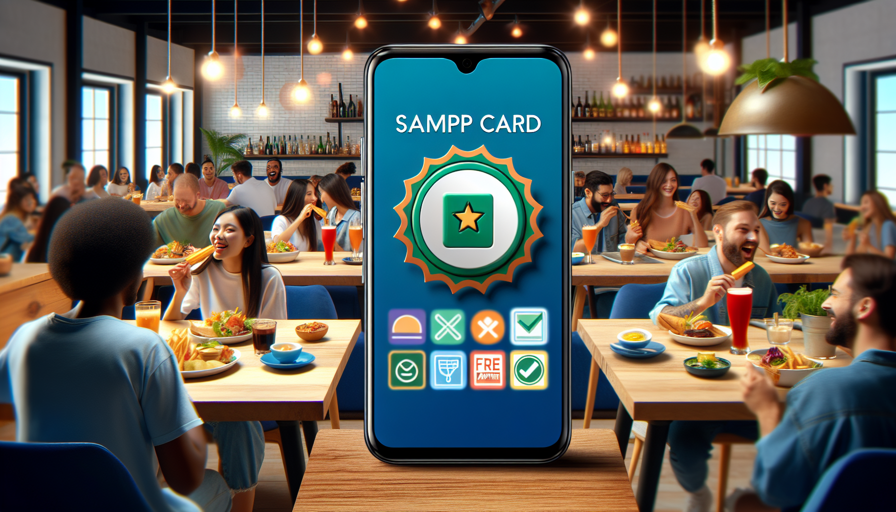 A large group of people eating at a restaurant with a smartphone displaying a "SAMPP Card" app icon prominently in the center, showcasing the latest in loyalty punch cards for exclusive rewards programs.