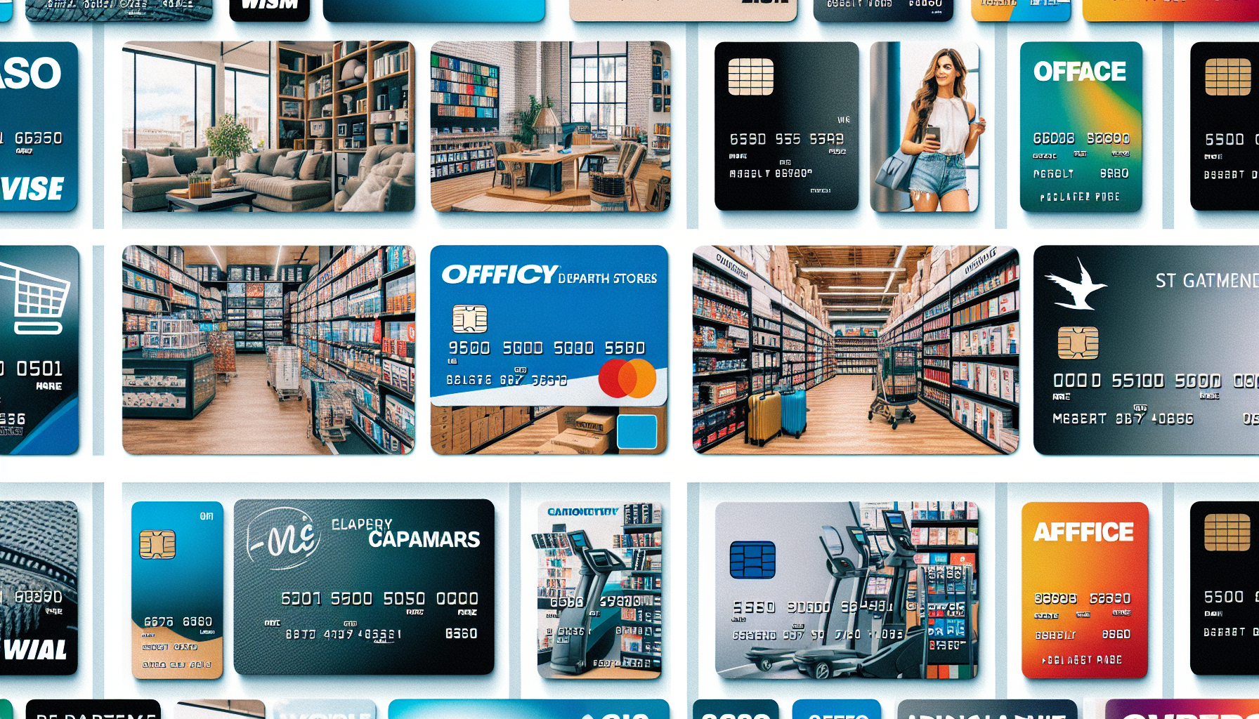 A collage featuring various credit cards and images depicting bookshelves, libraries, and shopping carts, highlighting the membership benefits and shopping discounts available with rewards cards for stores.