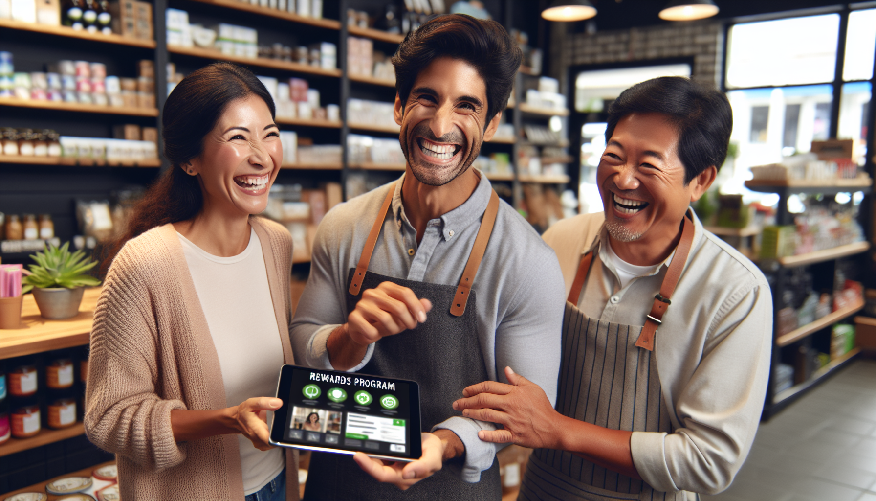 Three smiling employees in aprons stand in a store, holding a tablet displaying a digital customer loyalty program. The background features shelves stocked with various products.