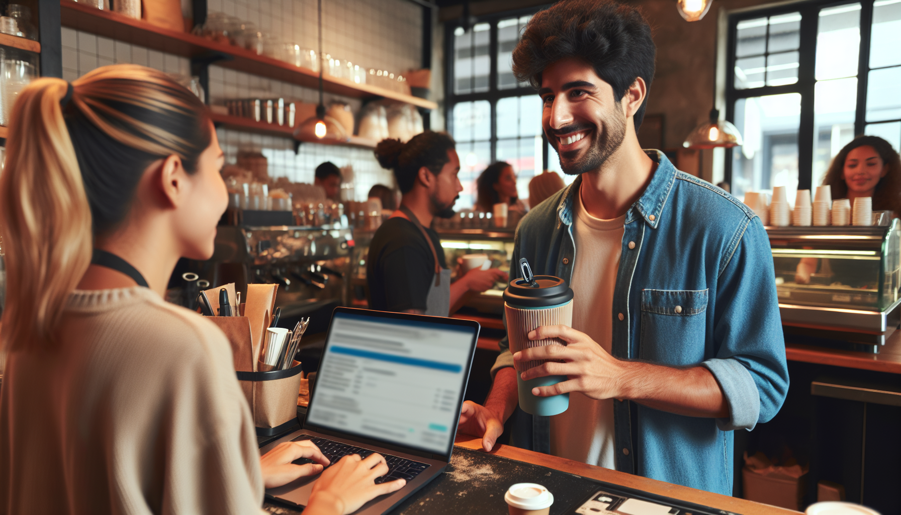 A barista stands behind a counter with a laptop, taking an order from a smiling customer holding a reusable cup in a busy café. The café's reward points program ensures customers like these are always coming back for more.