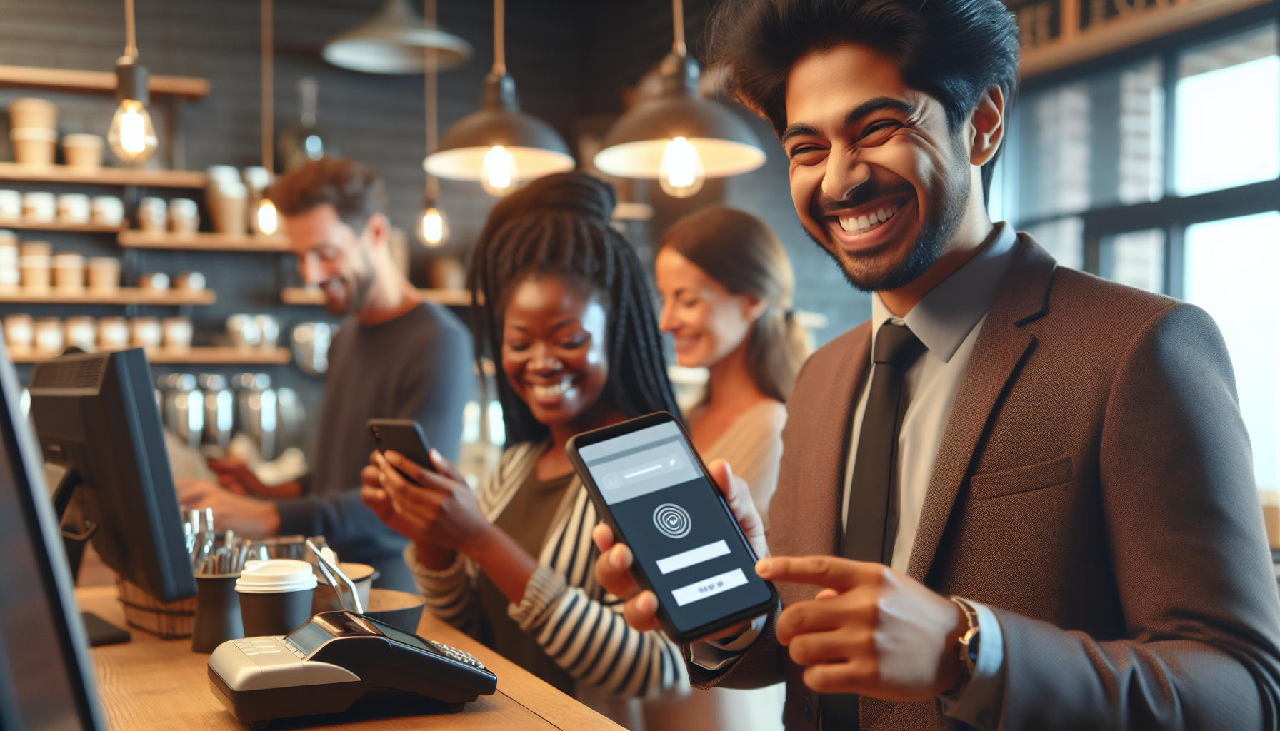 A group of people in a coffee shop, with one man in the foreground holding a smartphone displaying a contactless payment screen linked to a loyalty rewards app, smiling at the camera.