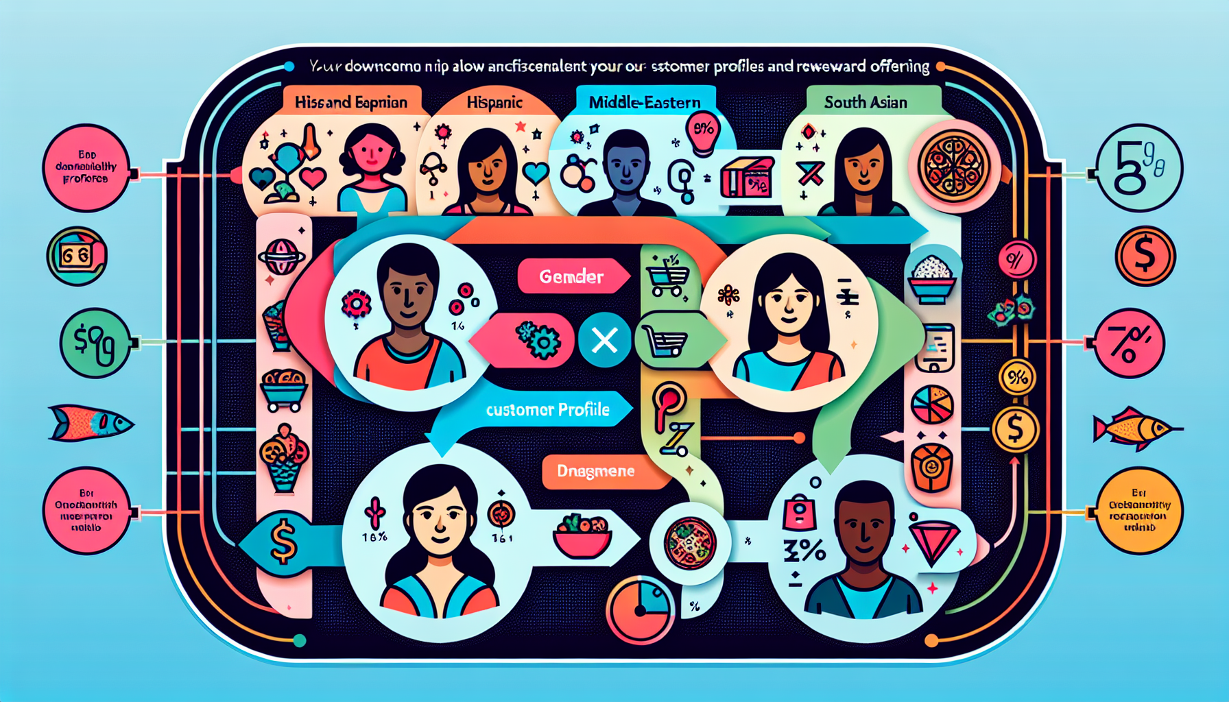 Colorful infographic illustrating diverse customer profiles segmented by ethnicity and gender, with icons representing various data points like spending habits, product preferences, and digital rewards for enhanced personalized experiences.