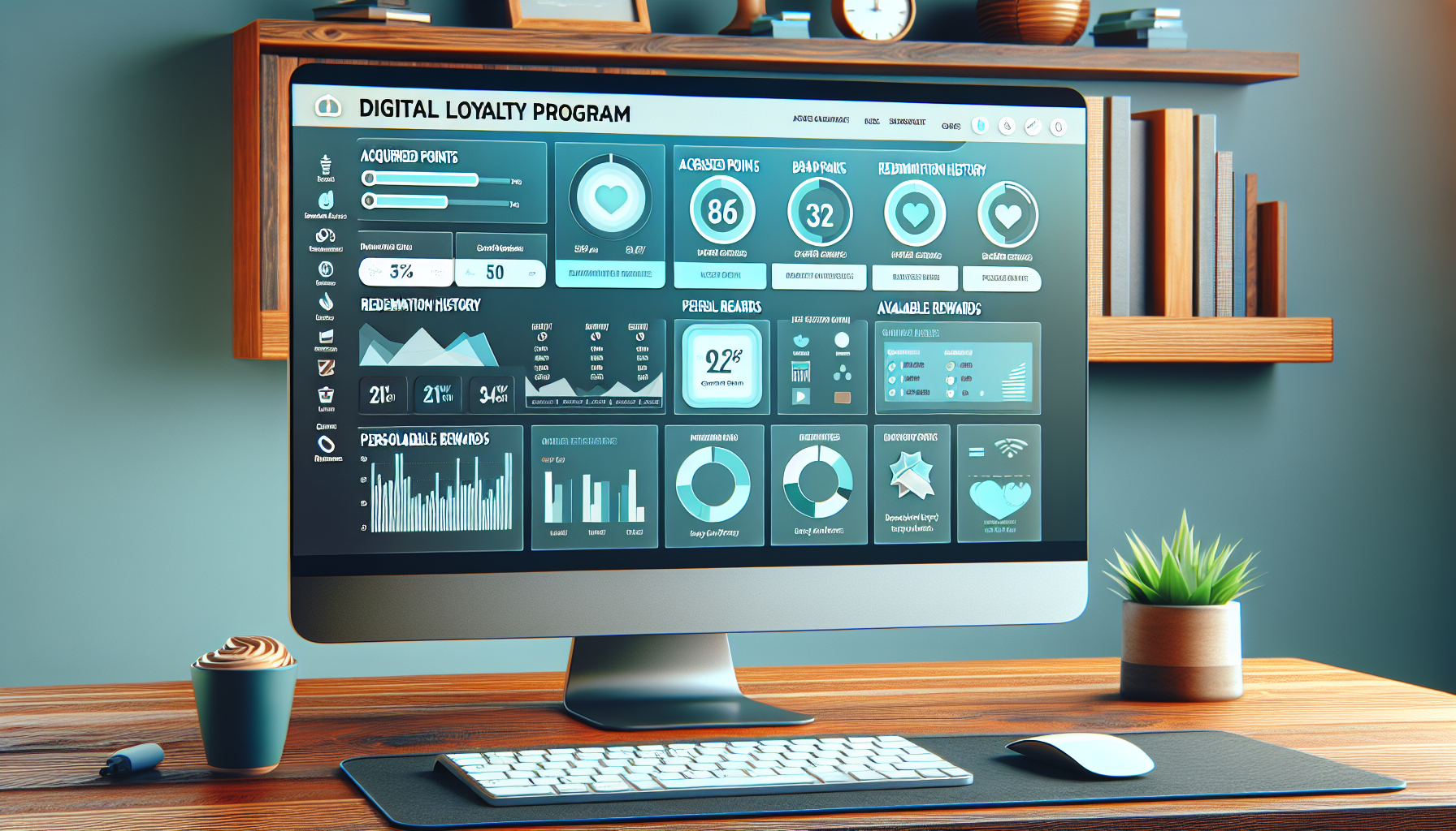 A computer monitor on a desk displaying a loyalty program dashboard for small business with various analytics and charts.