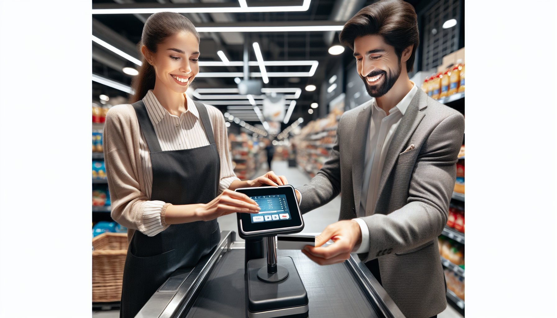 A smiling cashier assists a well-dressed male customer with a payment at a grocery store self-checkout kiosk, mentioning how he can maximize his shopping discounts by utilizing rewards cards for stores.