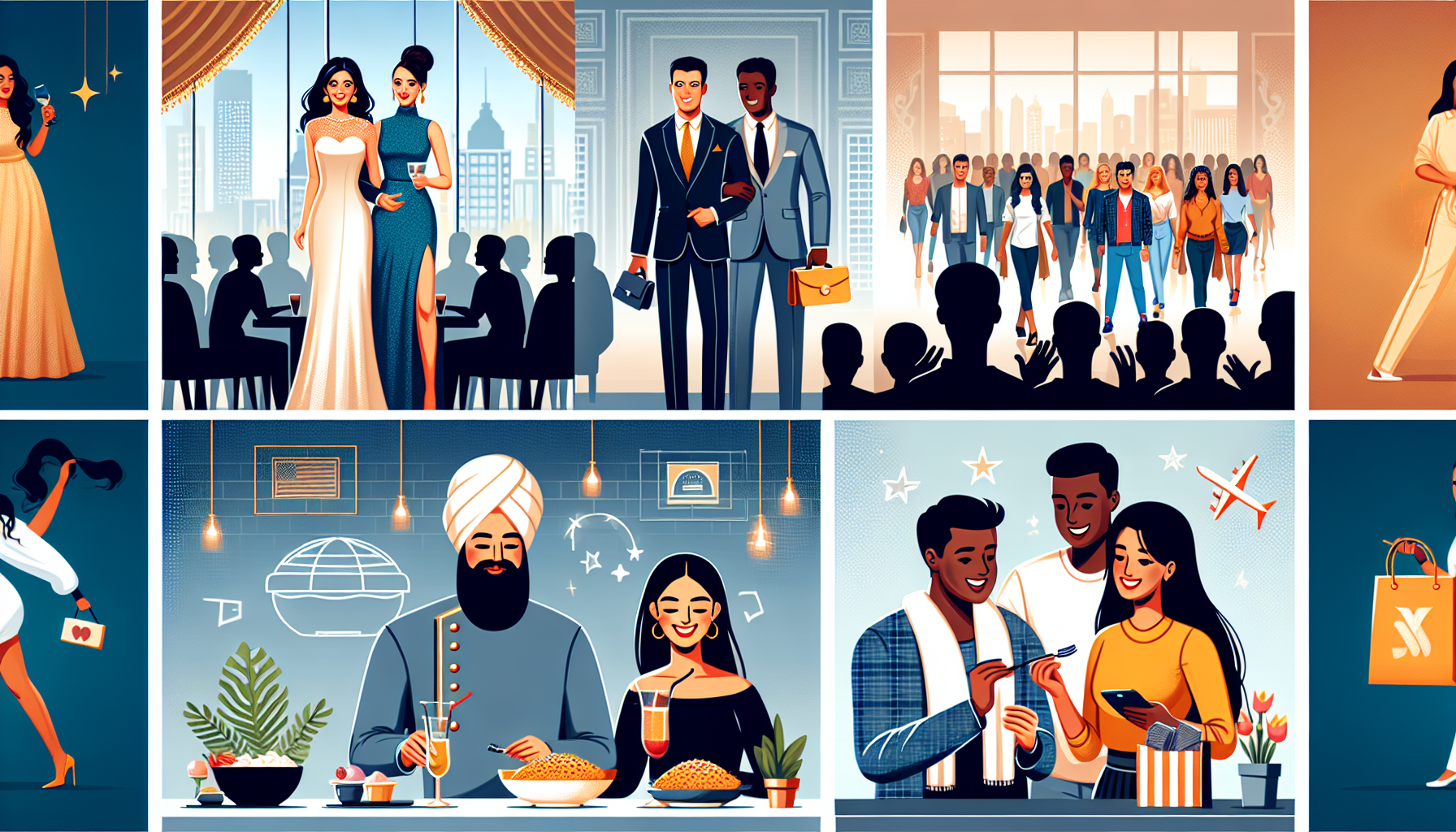 A collage of six illustrated scenes: formal events, a crowded meeting, people enjoying activities, eating, and traveling together. The images depict diverse characters in various social settings, reminiscent of vibrant customer loyalty program examples showcasing points-based rewards systems in action.