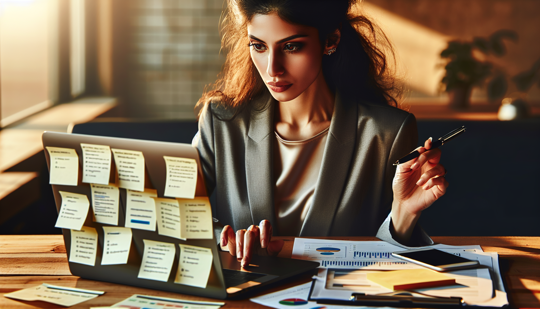 A woman in a blazer works on a laptop covered in sticky notes, surrounded by documents and charts detailing membership program fees, in a well-lit office setting. She holds a pen and appears focused.