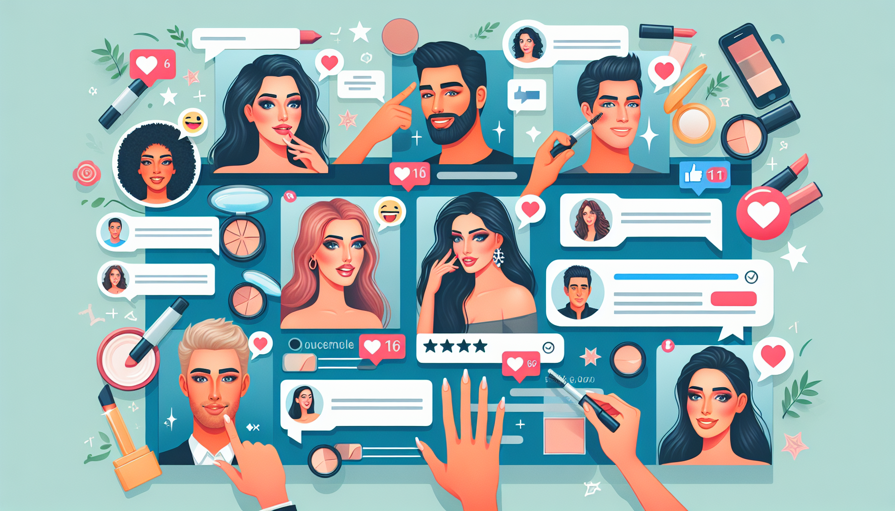 Illustration of social media interactions featuring various avatars, makeup products, likes, comments, and a rating scale. Hands holding digital devices interact with the content, highlighting Sephora VIP tiers and Beauty Insider membership benefits.