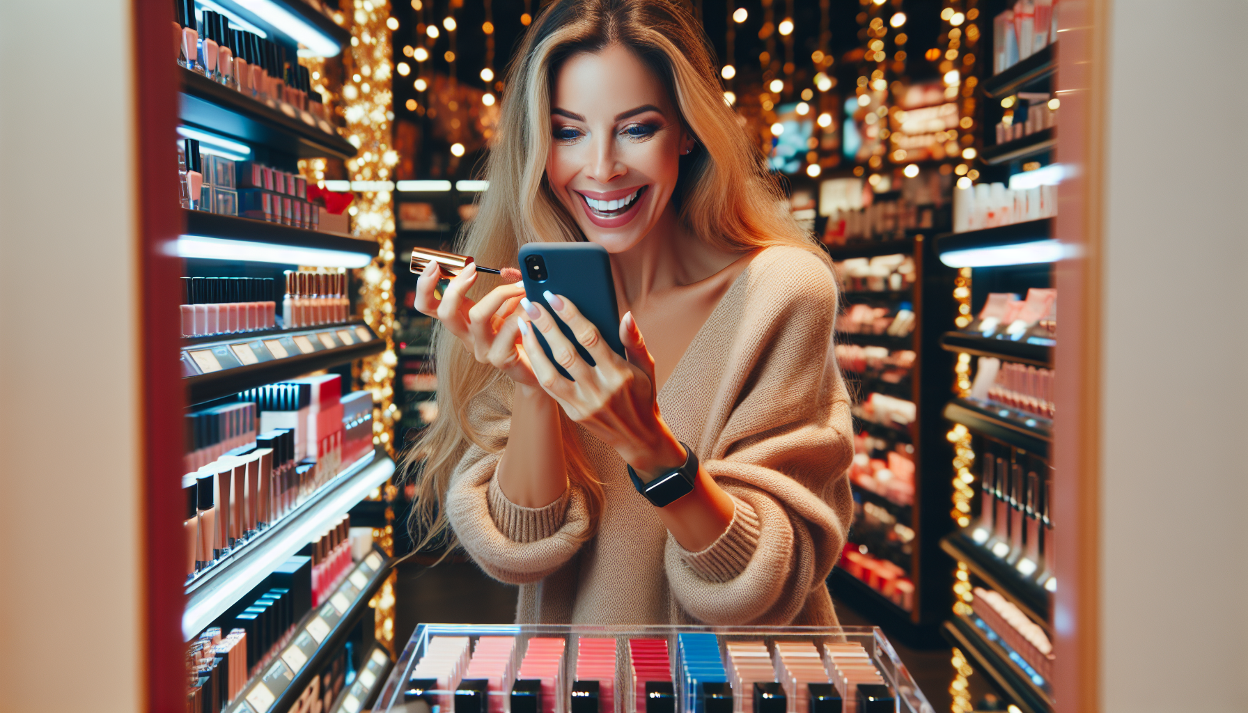 A woman in a beige sweater excitedly looks at her phone while holding makeup products in a brightly lit cosmetics store, thrilled by her points-based rewards. Shelves lined with various beauty items surround her.