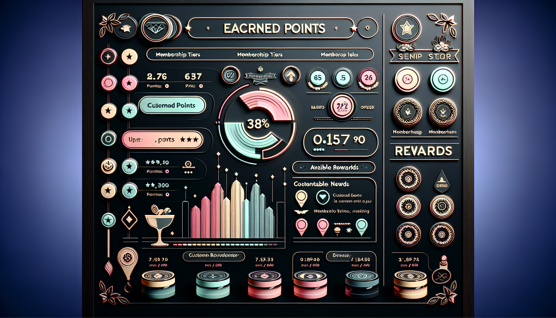 A digital dashboard showcasing a customer loyalty program includes earned points, membership tiers, customized points, rewards, and progress charts. Various sections feature colorful graphics, metrics, icons, and reward system examples for easy reference.