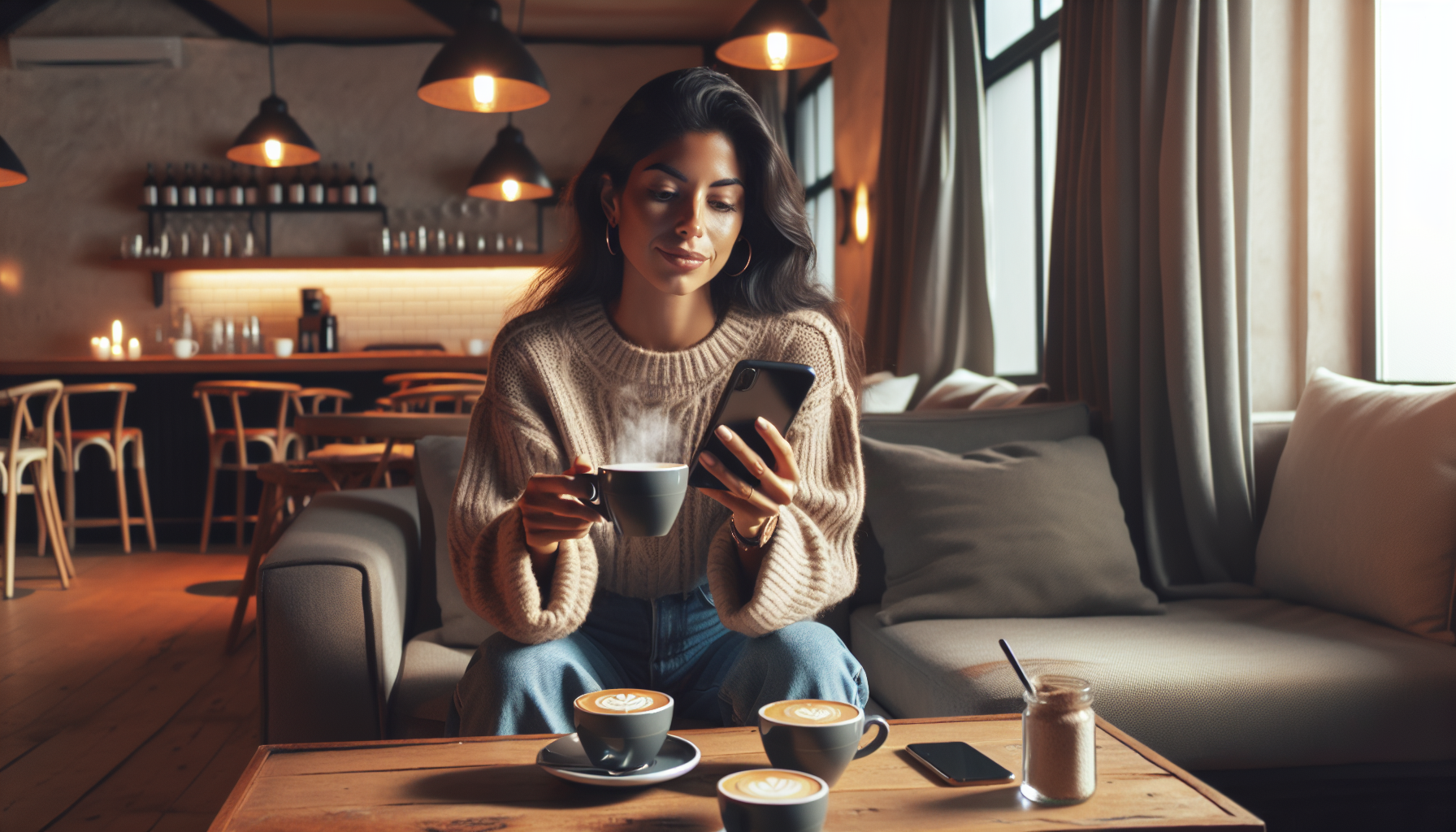 A woman sits on a couch in a cozy café, holding a cup of coffee and looking at her smartphone. In front of her are two cups of coffee and another smartphone on the table, showing the Punch Loyalty app she just used to earn points in their customer rewards program.