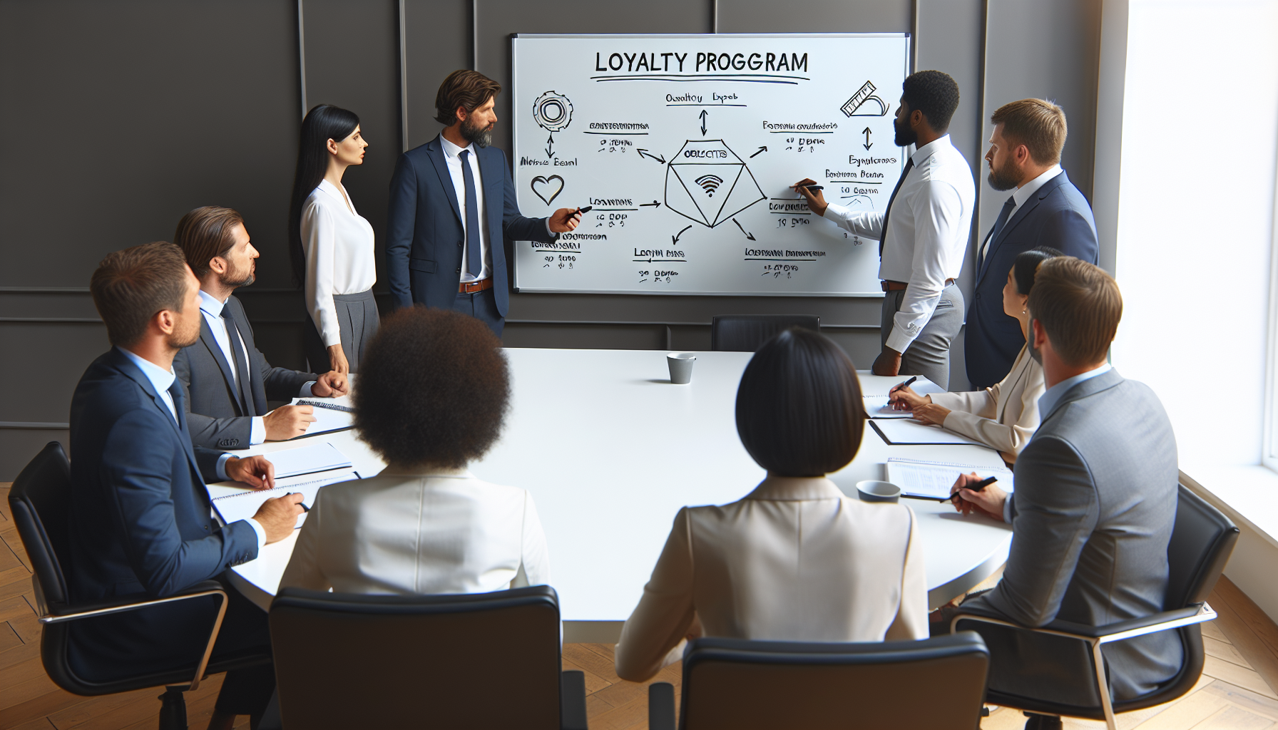 A group of professionals in business attire are sitting and standing around a conference table. One man points at a whiteboard displaying "Loyalty Program" and related diagrams during a meeting, highlighting strategies for improved redemption