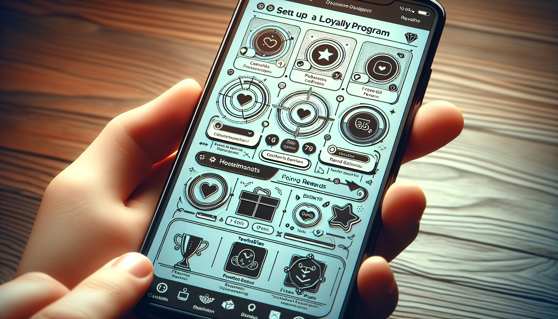 A hand holds a smartphone displaying a setup screen for a loyalty program, featuring various icons and options for customizations and settings. The background is a wooden surface, while the interface highlights customer loyalty analytics to enhance user engagement.