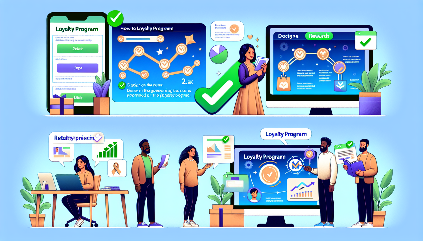 Illustration showcasing a digital loyalty platform across various platforms. Users interact with a mobile app, a desktop interface, and discussion groups. Key features and rewards of mobile loyalty solutions are highlighted.