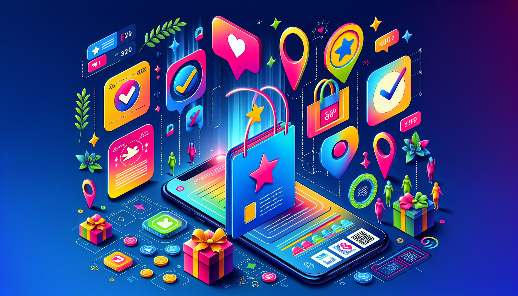 A colorful digital illustration of a mobile shopping app interface, featuring icons for secure payment, delivery, likes, and notifications against a gradient blue background with gift boxes. Highlights include elements showcasing the loyalty card app feature to enhance customer rewards.