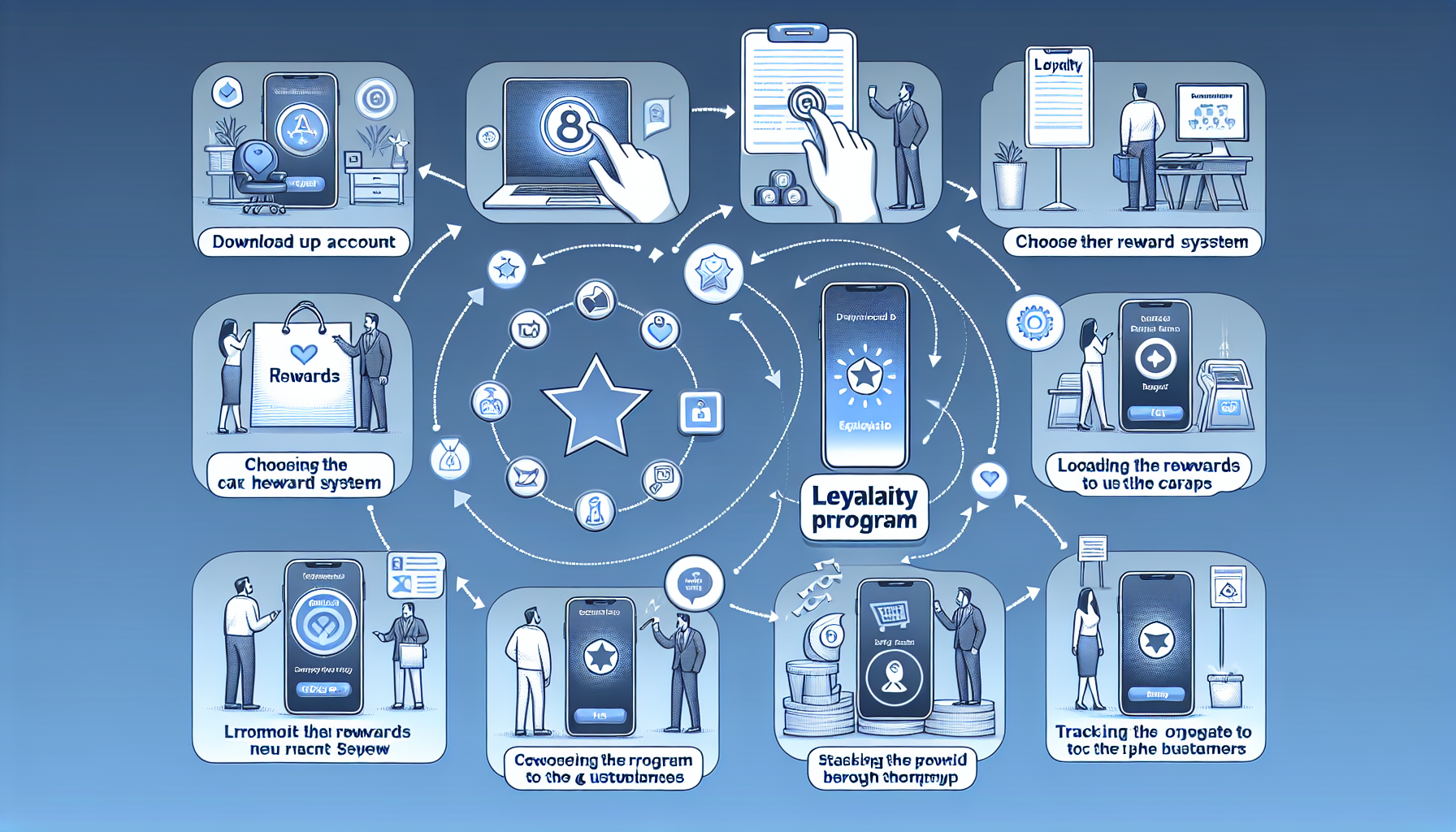 Diagram showing a digital loyalty program process: downloading an app, choosing rewards, setting up the program, tracking progress, and redeeming rewards. Includes various icons and illustrations to highlight Digital Loyalty Solutions for small businesses.