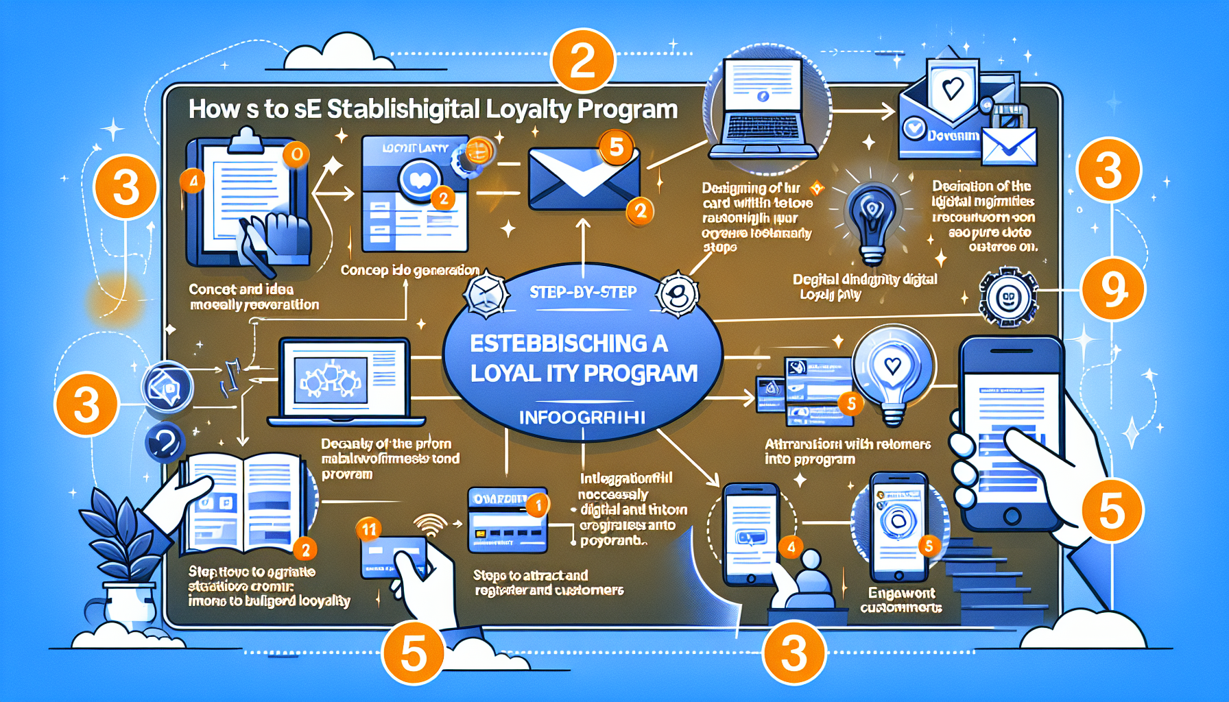 Infographic titled "Establishing a Loyalty Program" displaying a step-by-step guide with illustrations for each stage, including conception, design, integration with loyalty points software for small businesses, customer engagement methods, and future plans.