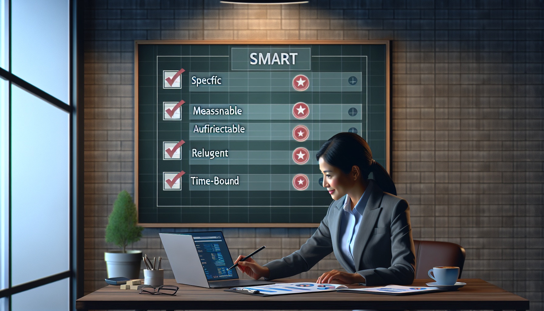 A woman in business attire works on a laptop at a desk. Behind her, a SMART goals chart with checkmarks indicates progress on Customer Acquisition via Referrals. The room has a modern, professional setting with ample natural light.