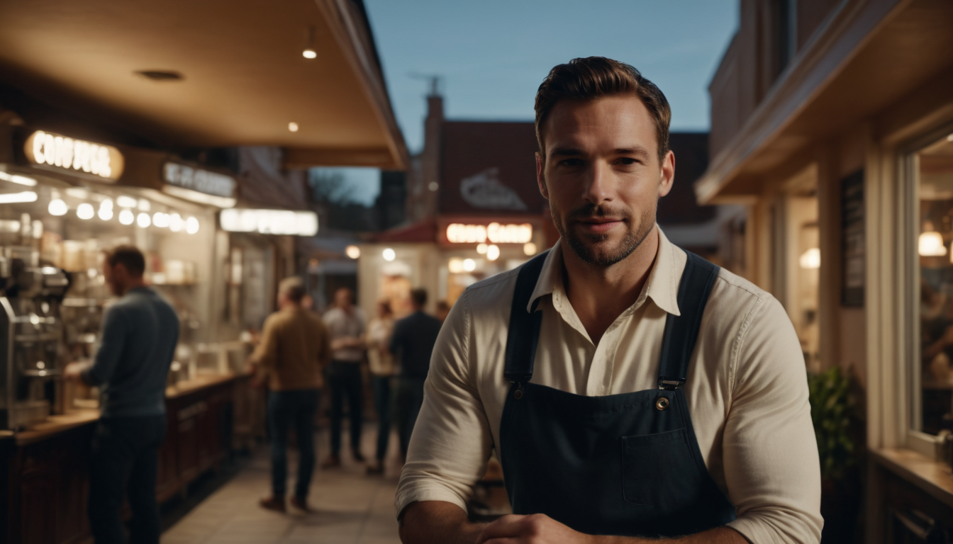 A confident male barista in an apron standing in front of a busy café during the evening, utilizing customer retention software to enhance service.