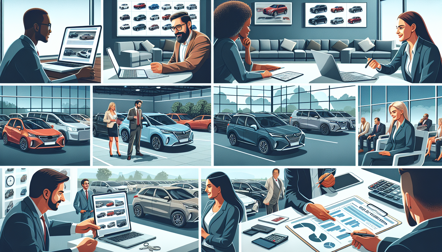 Collage showing a car dealership setting with salespeople discussing cars, consulting with clients about credit-friendly car leasing options, looking at car models on laptops, and presenting sales charts. Cars are displayed in a bright showroom.