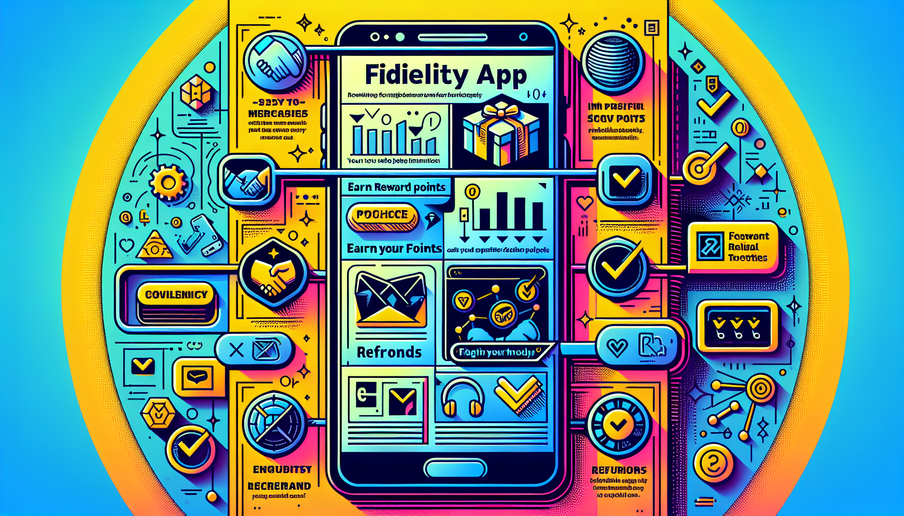 Colorful infographic featuring a smartphone displaying the "Fidelity App" with numerous icons representing rewards, points, notifications, and app features surrounding it. Perfect for highlighting user engagement and benefits.