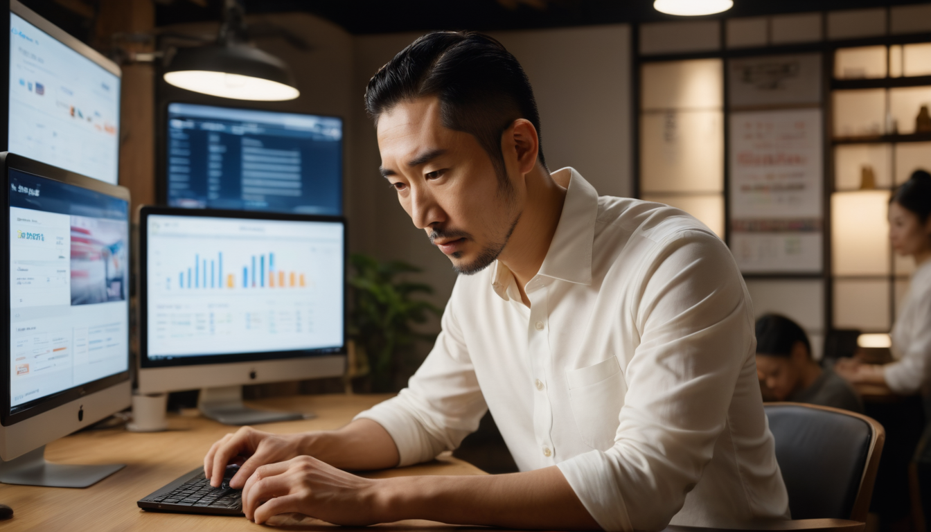 Business owner analyzing data on punch card loyalty programs on computer screens in a modern office setting at night.