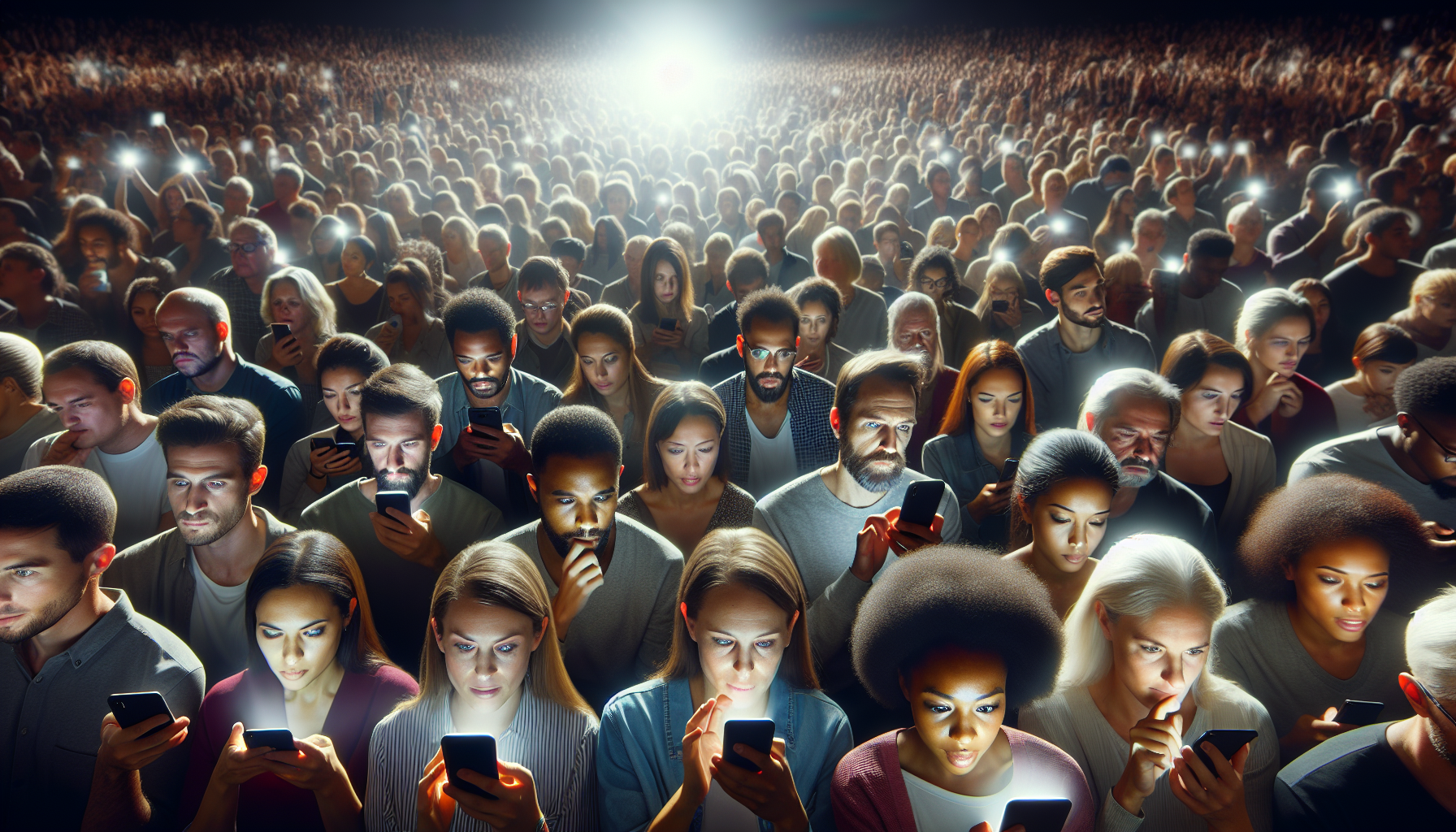 A large crowd of people standing close together, all intently looking at their smartphones at night, likely checking their rewards app, with a bright light shining from the background.