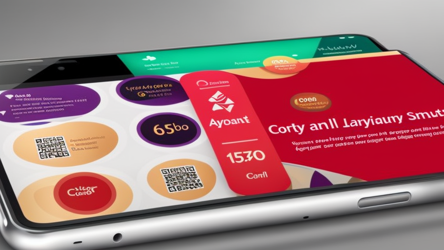 Smartphone displaying colorful digital loyalty card app interface with various graphics, text, and QR codes on its screen.