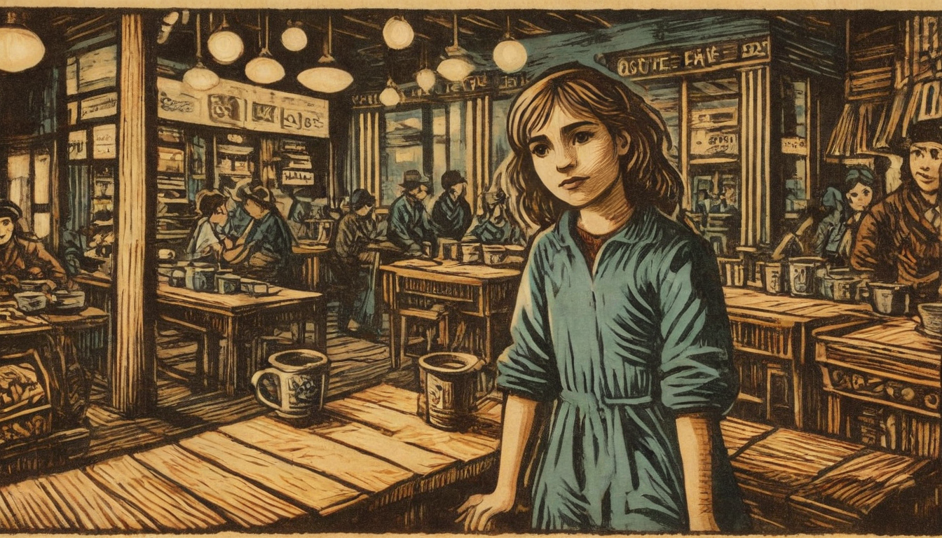 A woman in a blue dress stands inside a busy cafe with wooden tables and chairs, as patrons converse and drink from mugs in the background, perhaps discussing Client Appreciation Programs.