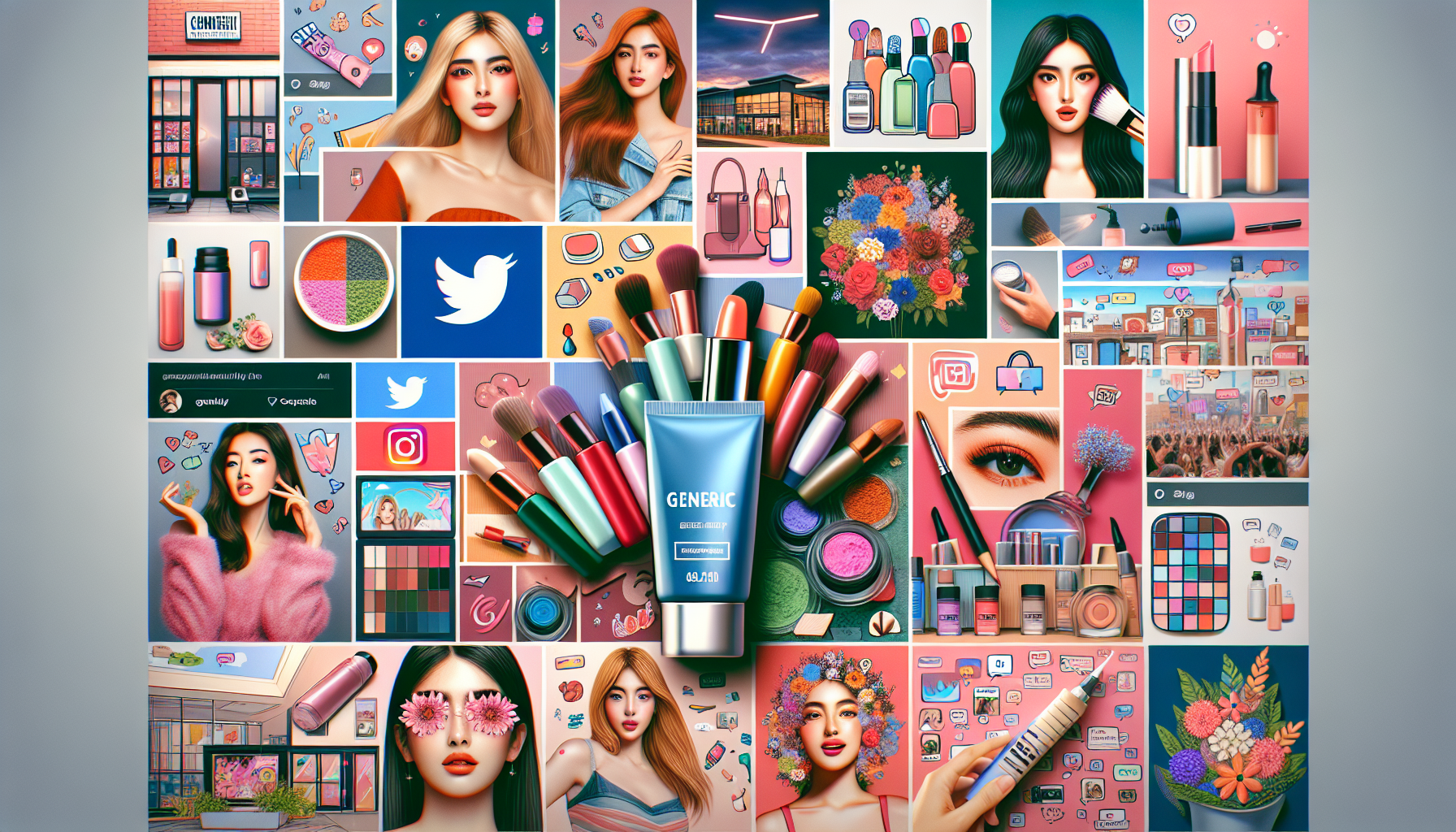 A colorful collage featuring various beauty products, makeup brushes, flowers, and social media icons. Numerous illustrated women and cosmetics are depicted with a central focus on a "GENERIC" labeled skincare tube, seamlessly promoting the Sephora rewards program.