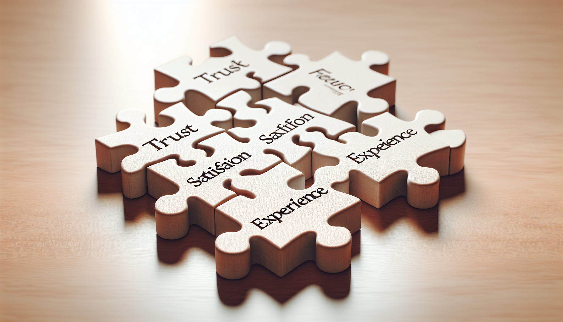 Wooden puzzle pieces labeled "Trust," "Satisfaction," and "Experience" are interconnected on a light wooden surface, embodying essential elements in customer satisfaction measurement.