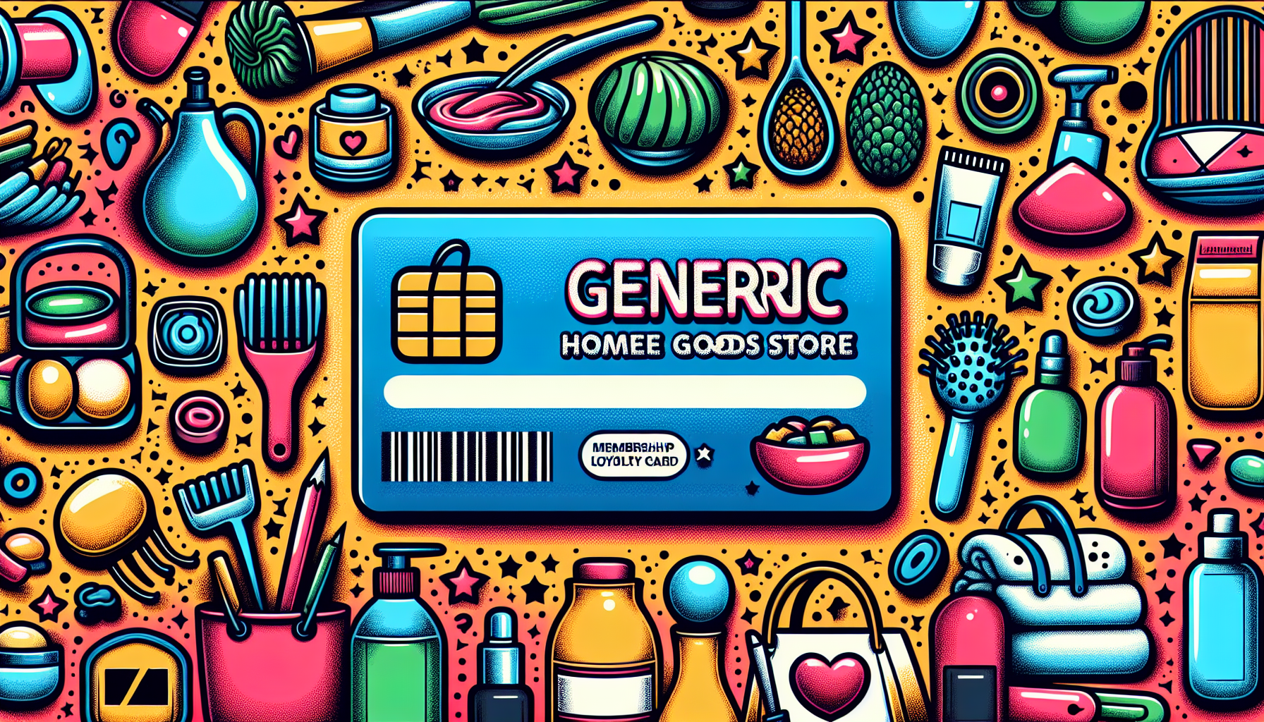 Illustration of various household items surrounding a Generic Home Goods Store membership loyalty card. The colorful items include kitchenware, cleaning supplies, personal care products, and decor, showcasing the benefits of customer rewards through their loyalty program.