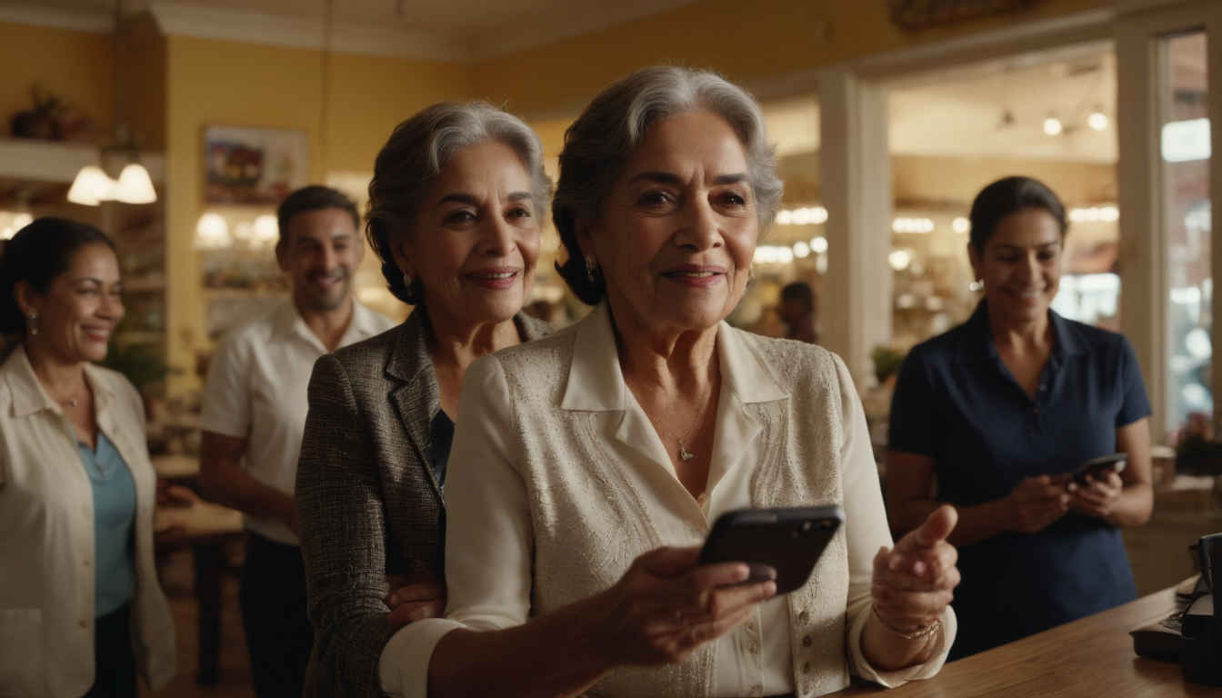 Two elderly women looking at a loyalty program app on a smartphone with smiles, surrounded by people in a warmly lit cafe.