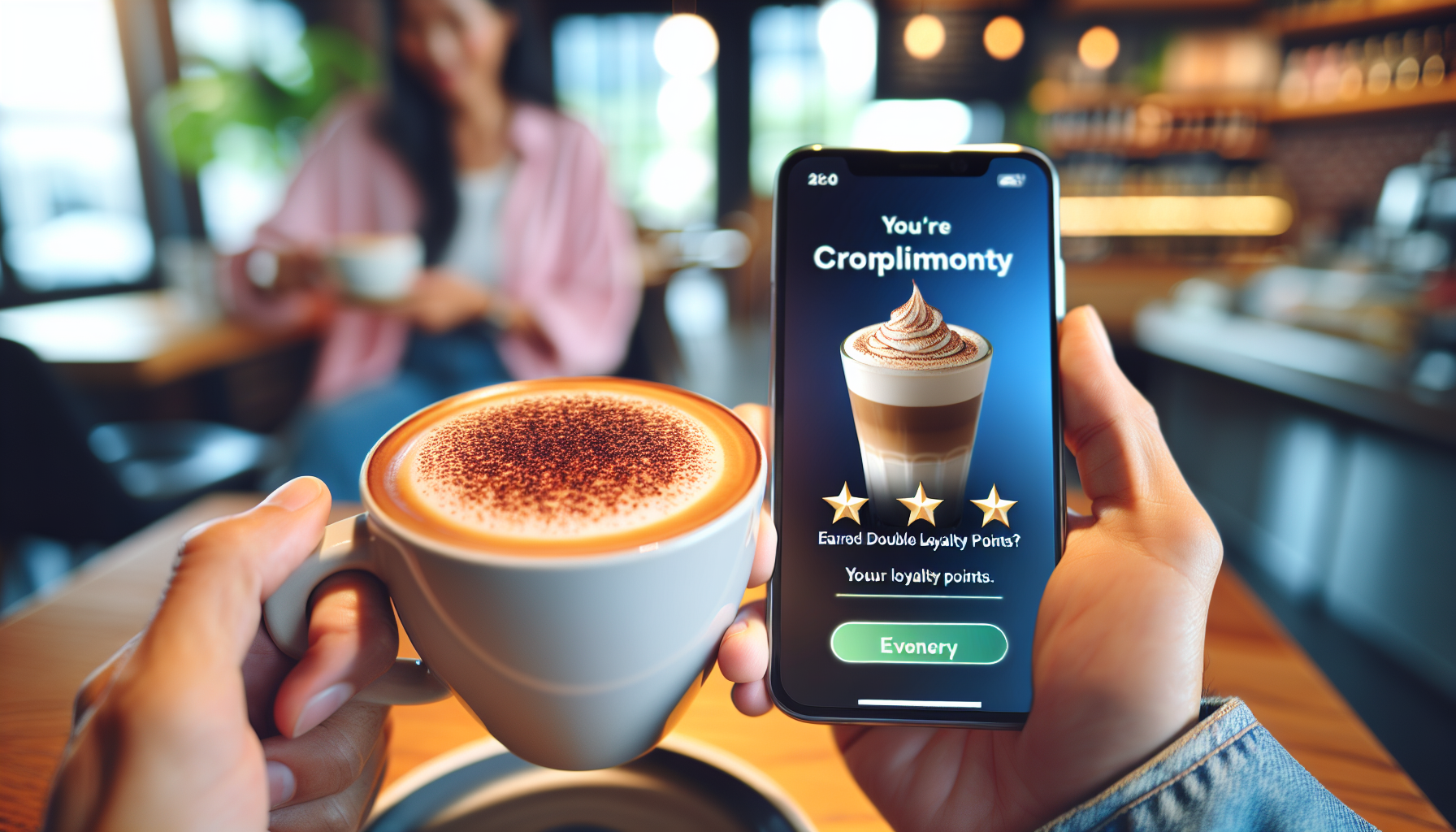 Person holding a cappuccino cup with a smartphone displaying a customer loyalty program screen offering double points for the purchase. A blurred background shows a woman in a café.