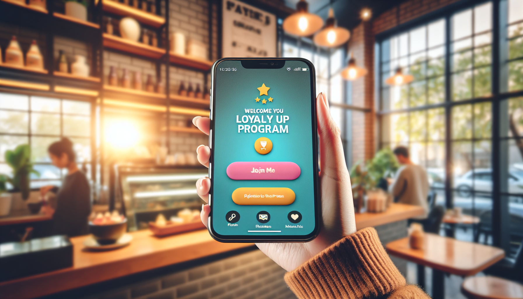 A person holding a smartphone in a coffee shop displays a "Loyalty Up Program" app screen with options to join, view points, and redeem offers. The app emphasizes Customer Loyalty and makes it easy to engage with the Rewards Program.