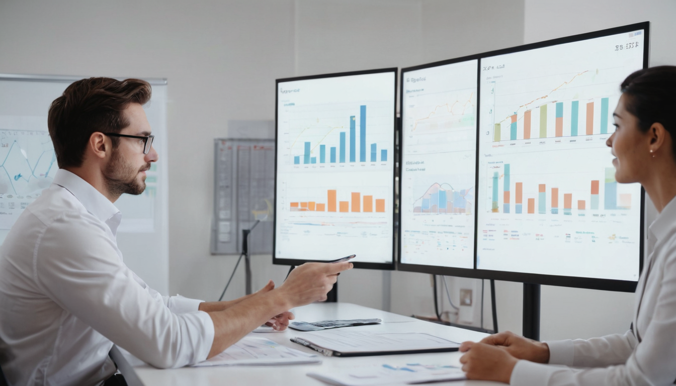 Two people in an office are analyzing data on multiple large screens displaying various charts and graphs during a meeting, focusing on loyalty program strategies to enhance customer engagement incentives.