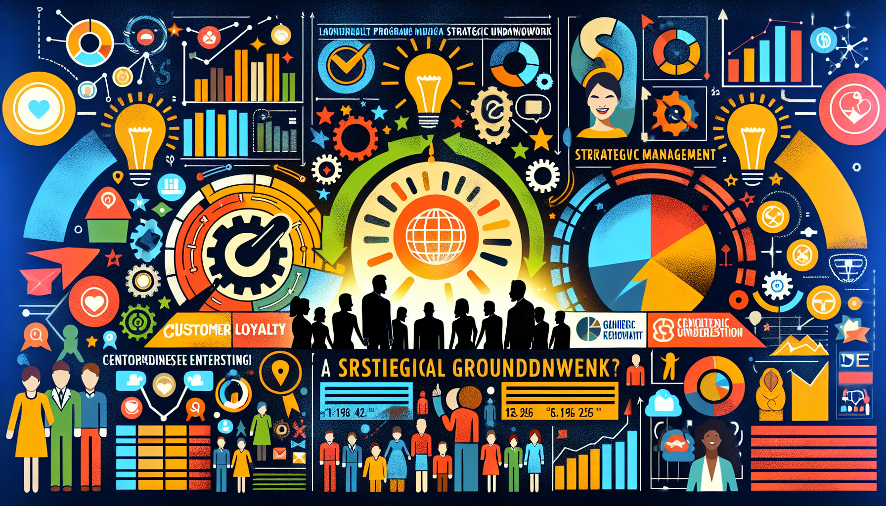 Illustration depicting a strategy workshop with diverse participants, light bulb ideas, charts, gears, and icons representing strategic management, customer loyalty, incentive systems, and innovative solutions.