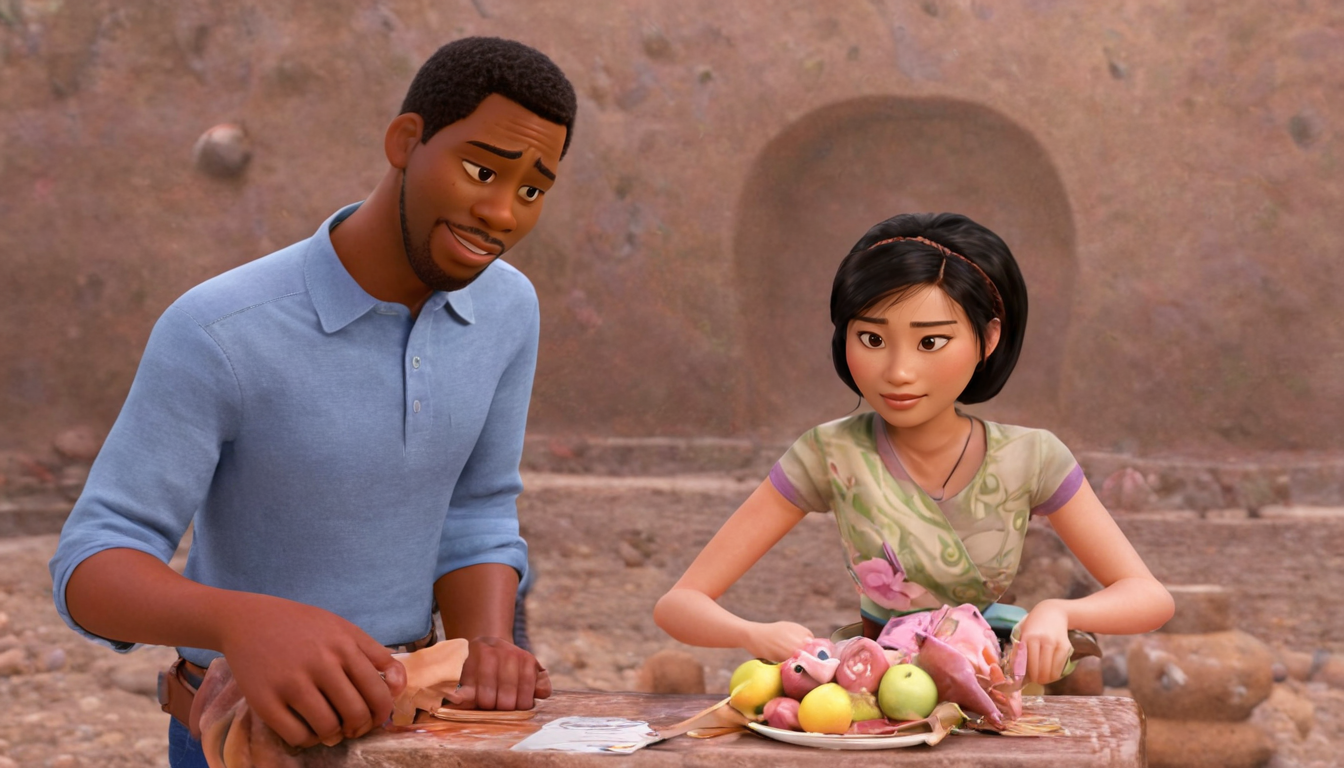 Two animated characters, a man and a woman, prepare food together outdoors at a rustic wooden table surrounded by fresh fruits and vegetables. Both appear focused on their task, perhaps discussing loyalty program tips as they work side by side in perfect harmony.