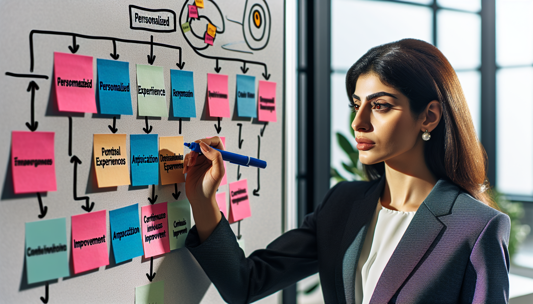 A woman in a suit writes on a colorful flowchart with sticky notes, organized under various categories, capturing client preferences on a whiteboard in an office setting.