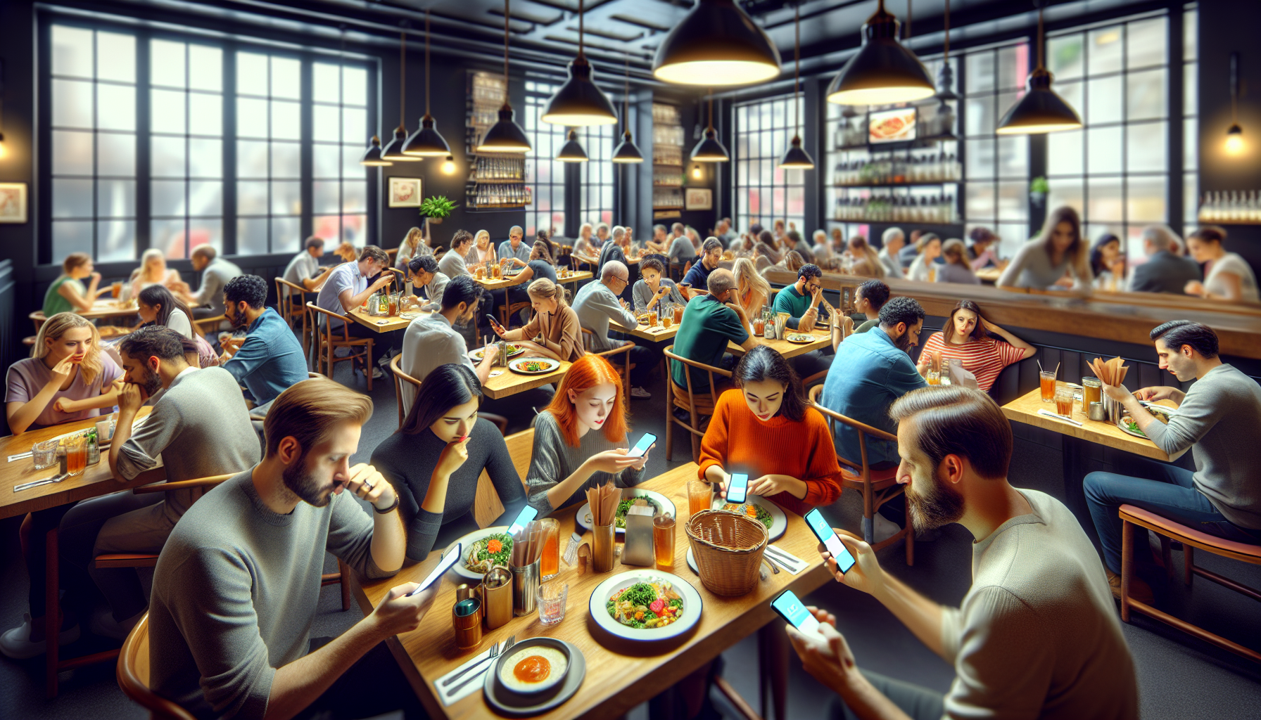 A busy restaurant with many patrons seated at tables, most of them focused on their smartphones. Plates of food and beverages are on the tables, and the atmosphere is lively with modern decor enhanced by digital loyalty programs like Punch Loyalty to boost customer retention.