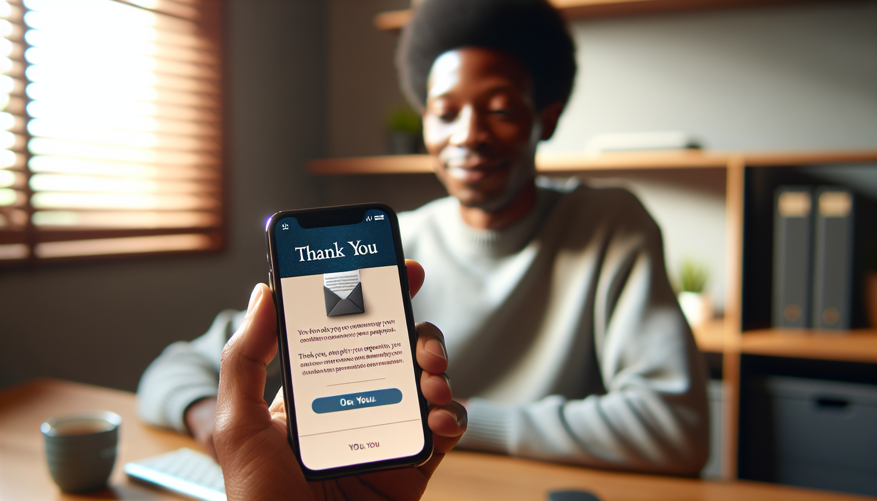 A person holds a smartphone displaying a "Thank You" message on the screen, illustrating consumer satisfaction and loyalty, while another person sits in the background, smiling in a brightly lit room with a bookshelf and window.