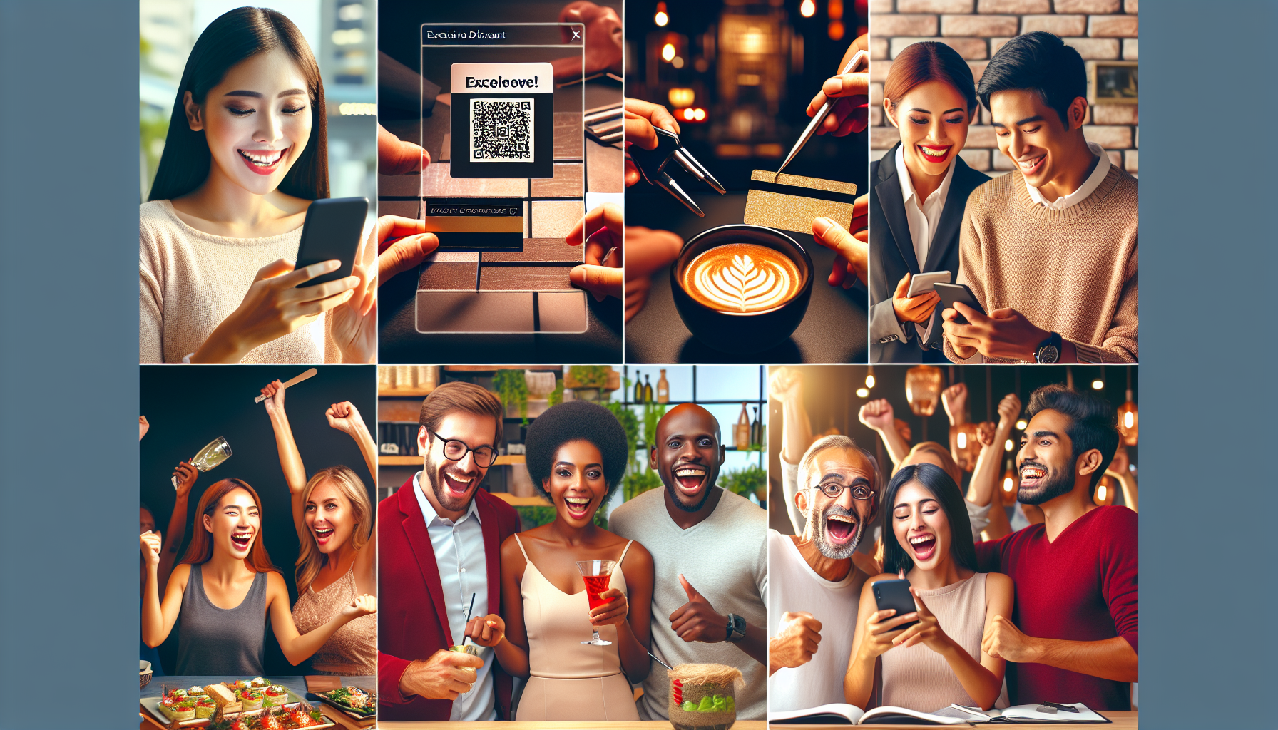 Collage of people enjoying and sharing moments with friends, using smartphones, scanning QR codes, dining, and celebrating in social settings while interacting with a small business loyalty program.