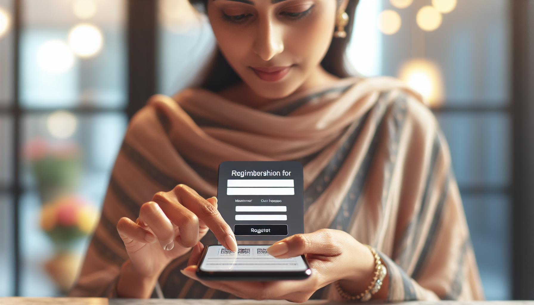 A person wearing traditional clothing uses a smartphone to complete an electronic membership form on an app.