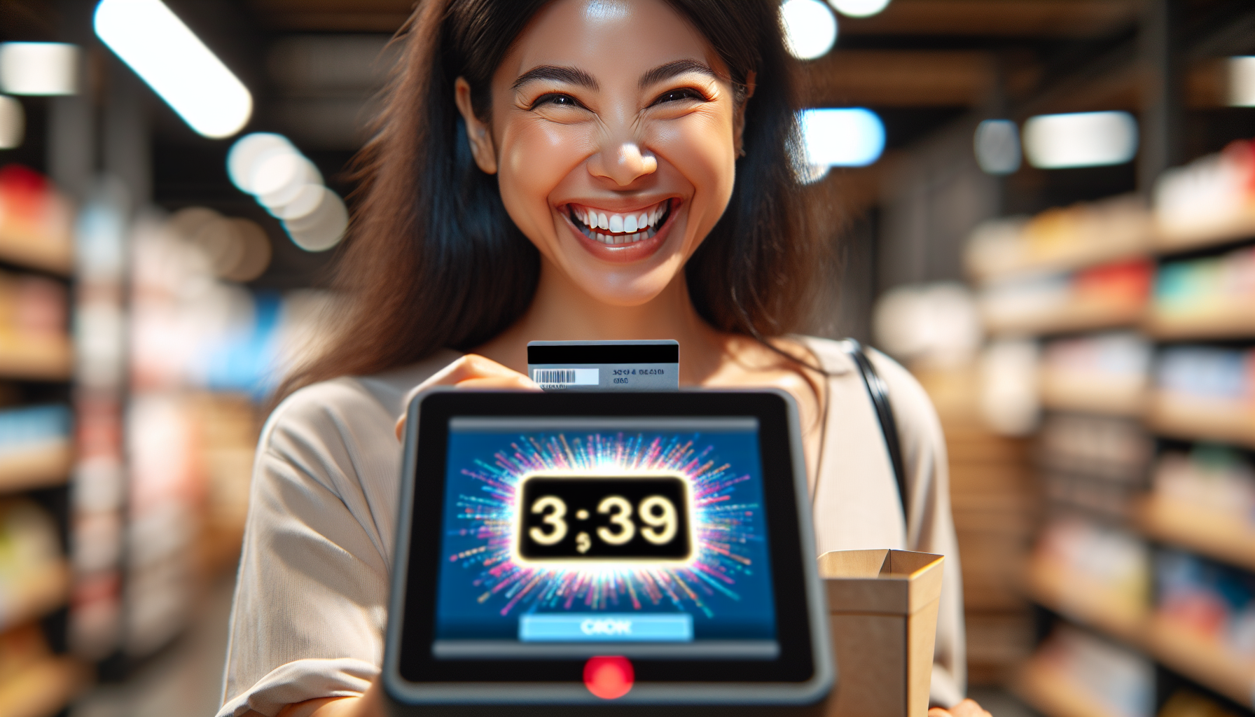 A woman smiles while paying at a self-checkout machine displaying $3.39 in a store, enjoying the benefits of exclusive rewards through the store's reward systems.